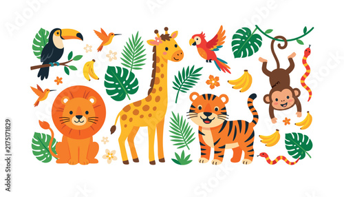 Photography Cute safari jungle animals collection vector with lion giraffe tiger monkey touc