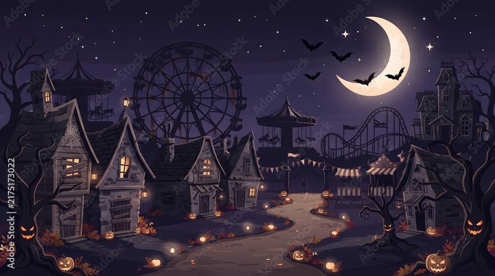 Fototapeta premium A spooky halloween town features dark silhouetted buildings beneath a glowing crescent moon in a dramatic night sky landscape