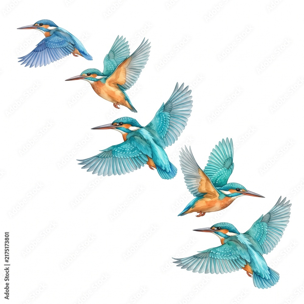 Fototapeta premium Kingfisher bird illustration set with five flying common kingfishers, watercolor style avian wildlife collection on white background, blue and orange feathered kingfisher birds in flight