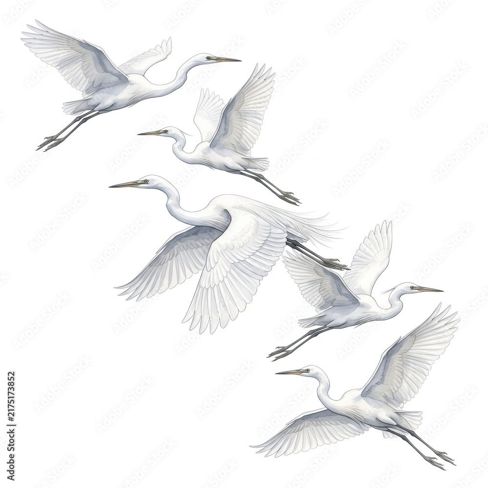 Obraz premium Graceful white egrets flying in formation, elegant heron birds in flight on white background. Minimalist wildlife illustration of five snowy egrets soaring