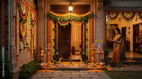 Traditional Indian Entrance Decorated with Marigold Garlands for Festival Celebration