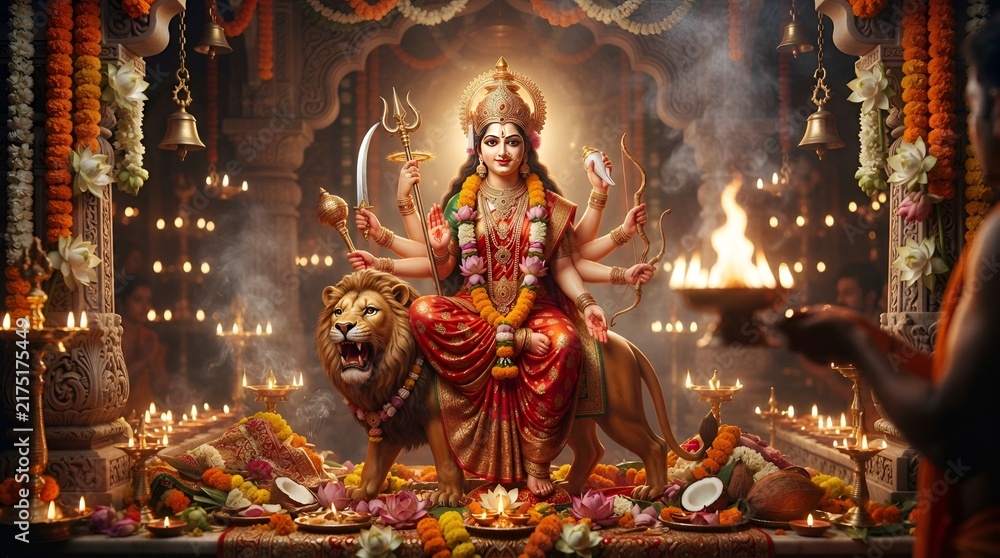 Fototapeta premium Goddess Durga Statue with Lion During Traditional Indian Festival Celebration