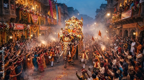 Colorful Ganesh Festival Celebration with Devotees and Decorative Lights