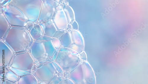 Biomorphic geometry forms create abstract pattern with iridescent soap bubbles and soft pastel colors in dreamy background