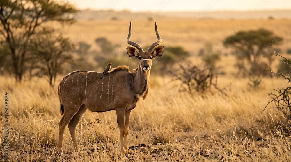 Naklejka premium Sable Antelope with Oxpecker Bird on Back in Savannah