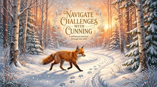 A cunning fox walks through a snowy forest path during sunset, leaving paw prints, with inspirational text 