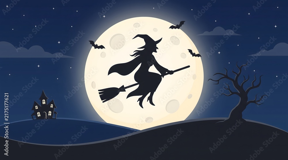 Fototapeta premium Dark silhouette of a witch gracefully flying on a broomstick before a massive bright full moon during a spooky halloween