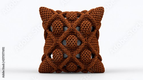 Brown knitted decorative pillow cushion with geometric pattern