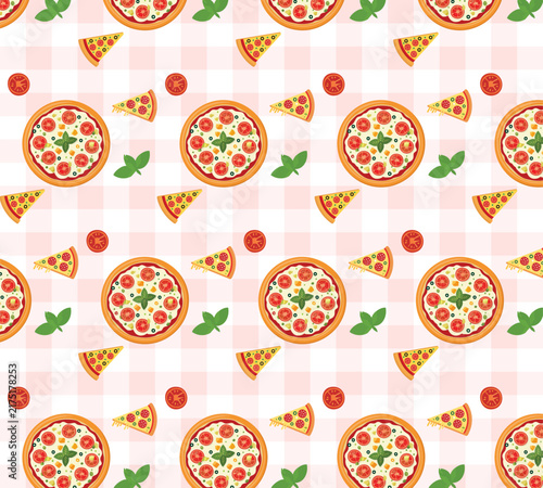 Seamless Pizza Pattern with Tomatoes and Chili Peppers