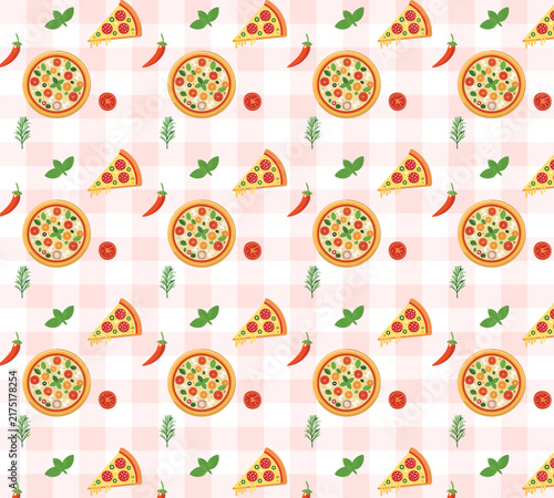 Italian Food Illustration Pattern on Checkered Background