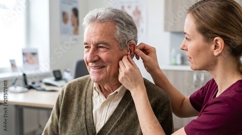 Audiologist carefully fitting a hearing aid into the ear of a smiling senior man in a clinic setting.