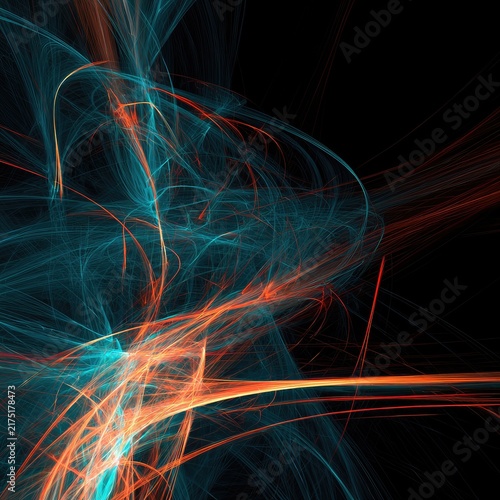Abstract fractal art with swirling blue and orange light streaks on black
