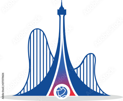 Stylized bridge illustration with central spire and circular emblem architecture vector graphic