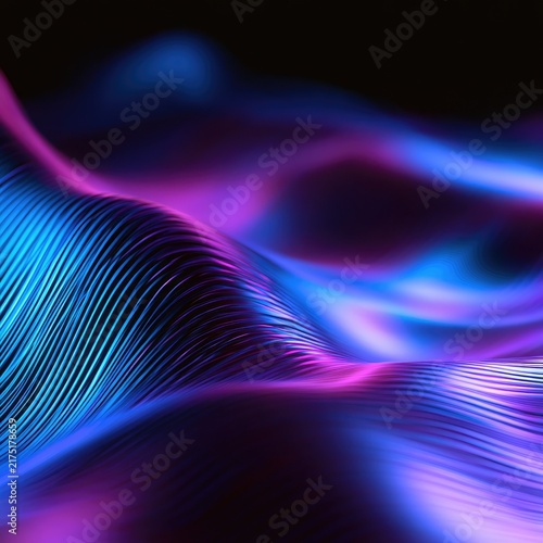 Abstract digital landscape of flowing neon light waves