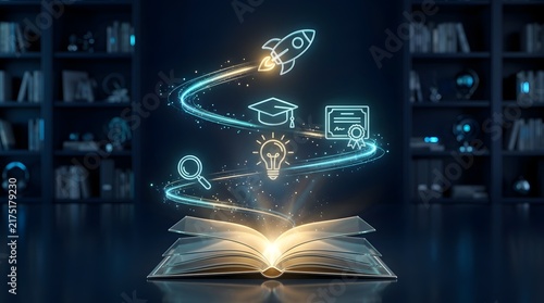 Digital education and learning innovation concept with a luminous open book, futuristic rocket, research symbol, graduation cap, and diploma representing future knowledge and career growth