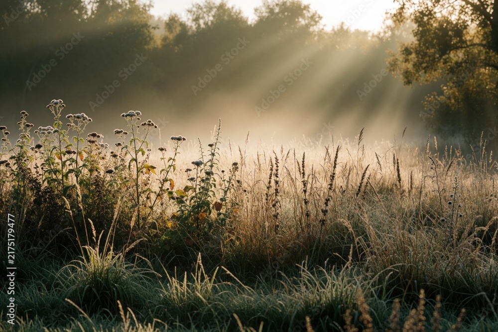Obraz premium Early morning light beams cut through thick mist over grassy field. Wild flowers and tall reeds stand in sunbeams. Nature scene shows quiet rural dawn atmosphere.