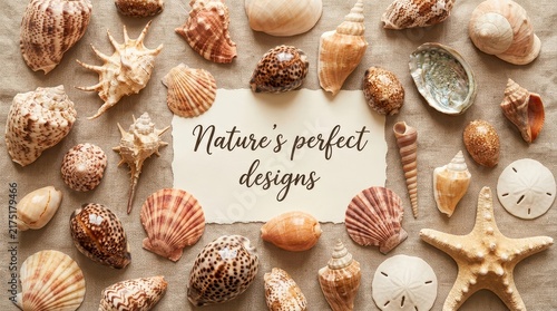 A delightful arrangement of various seashells and starfish scattered on a textured surface, with a central card saying 'Nature's perfect designs'