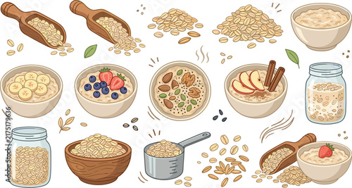 Cute Oatmeal Healthy Breakfast Vector Illustration Set with Fresh Fruits and Nut ToppingsCute Oatmeal Healthy Breakfast Vector Illustration Set with Fresh Fruits and Nut Toppings