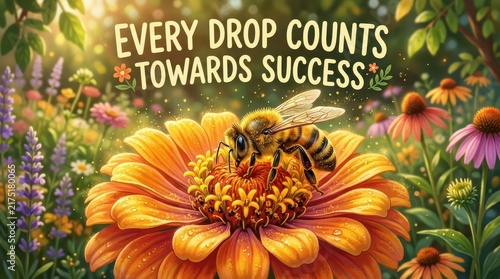 A detailed close-up of a bee collecting pollen from a vibrant orange zinnia flower, surrounded by a lush garden filled with wildflowers and the motiva