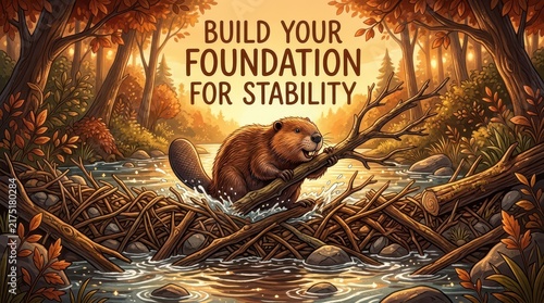 A determined beaver builds a strong dam, representing hard work, foundation building, and natural engineering in a vibrant autumn forest setting.