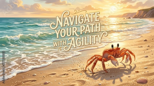 A determined crab navigates a sandy beach at sunset, with the inspirational phrase 'Navigate Your Path With Agility' overlayed.