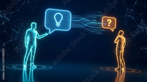 Futuristic digital communication between two human figures exchanging ideas through glowing speech bubbles, connecting knowledge, questions, innovation, and intelligent technology in a connected virtu