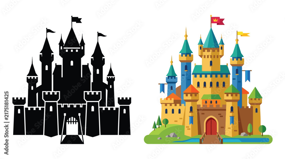 Fototapeta premium Medieval castle illustration and its black silhouette against a white background