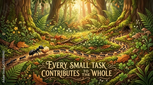 A diligent ant colony works together in a lush forest, carrying food to their anthill, illustrating teamwork and contribution.