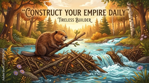 A diligent beaver builds a dam on a flowing river in a vibrant autumn forest, symbolizing hard work and construction.