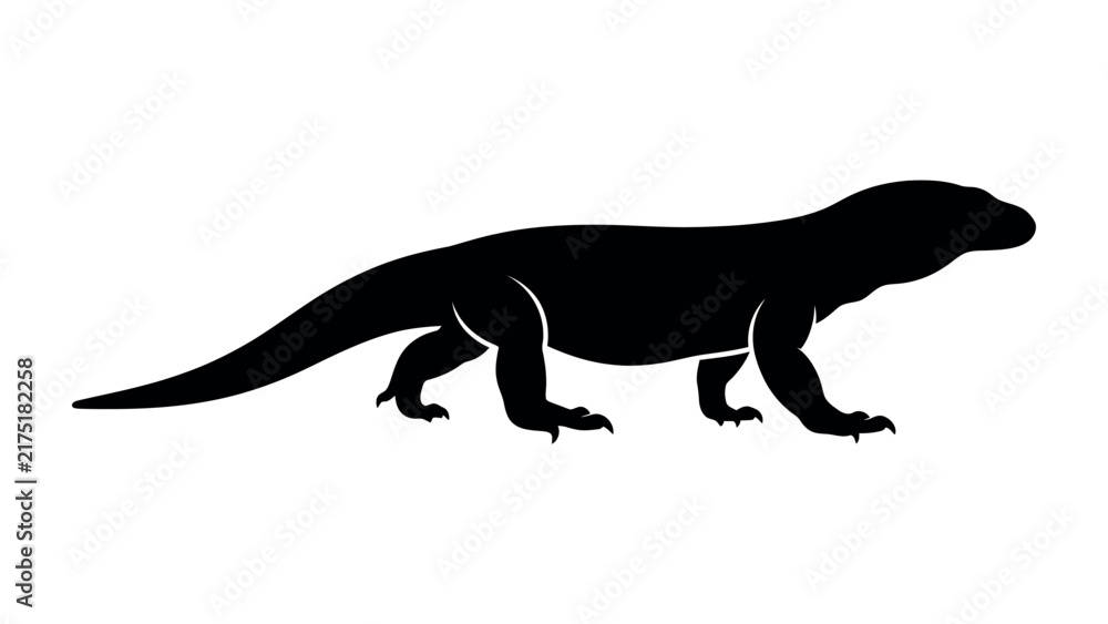 Fototapeta premium Komodo Dragon Silhouette: A striking black silhouette of a Komodo dragon, captured in a side profile, stands out against a clean background, highlighting its powerful form and prehistoric presence.