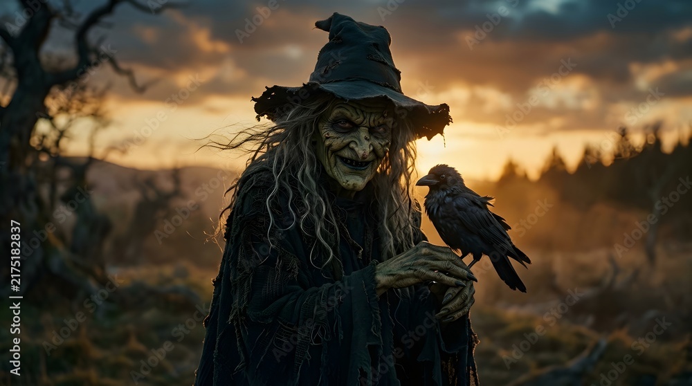 Obraz premium Witch holding a black crow at sunset