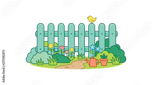 Fotografía Garden fence with flowers and bird is a colorful silhouette