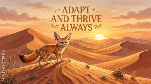 Adorable fennec fox stands on sand dune at sunset in desert, with inspirational quote 'Adapt and Thrive Always'