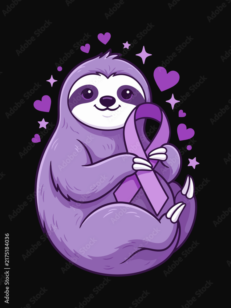 Naklejka premium Cute purple sloth hugging awareness ribbon with hearts and stars