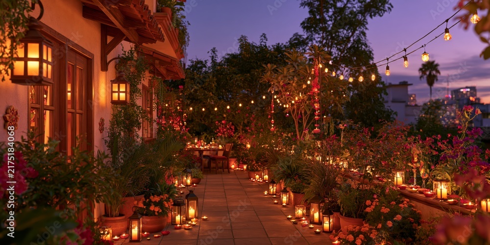 Fototapeta premium Residential patio at twilight illuminated by rows of glowing diyas and lanterns casting golden light across stone pathway flanked by potted plants vibrant flowers hanging string lights and wooden
