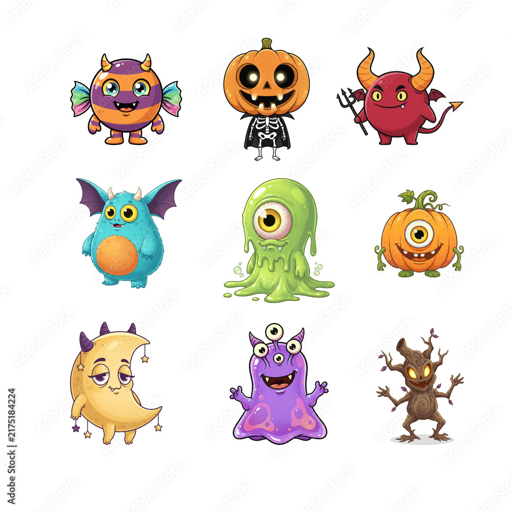 Obraz premium Set of cute Halloween monsters and spooky creatures