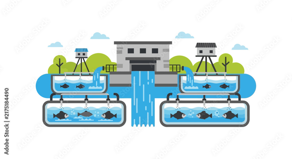 Naklejka premium Modern Aquaculture Fish Farm Illustration