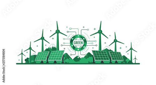 Green Renewable Energy Concept Vector with Solar Panels, Wind Turbines, and Global Sustainability Globe