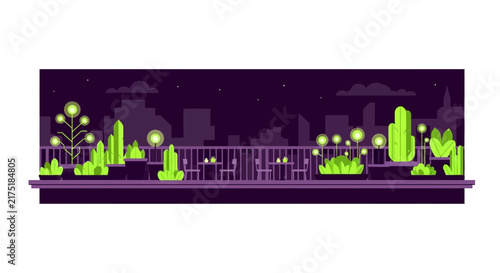 Neon Rooftop Balcony Garden Illustration with City Skyline at Night