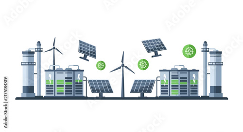 Renewable Energy Power Plant Illustration with Solar Panels, Wind Turbines and Battery Storage