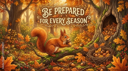 Adorable squirrel gathering acorns in a vibrant autumn forest, preparing for winter, with inspirational text 