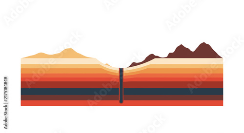 Geological Cross-Section of Earth Soil Layers with Mountains and Borehole