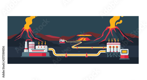 Geothermal Power Plant Flat Vector Illustration Harvesting Energy from Erupting Volcanoes