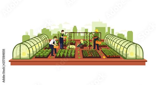 Urban Farming and Rooftop Garden Illustration with People Harvesting Vegetables