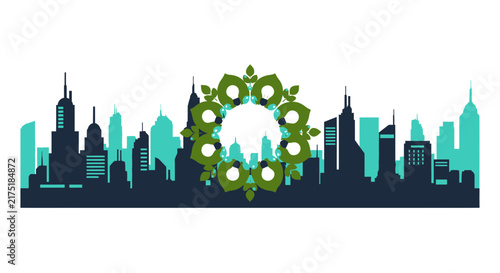 Sustainable Urban City Concept with Green Energy Wreath of Light Bulbs and Leaves