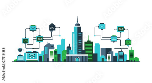 Sustainable Smart City Illustration Featuring Direct Air Capture (DAC) Technology for Carbon Sequestration and Climate Change Solutions