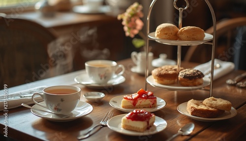 A cozy afternoon tea scene with steaming Earl Grey tea, warm buttery scones, homemade strawberry jam, clotted cream