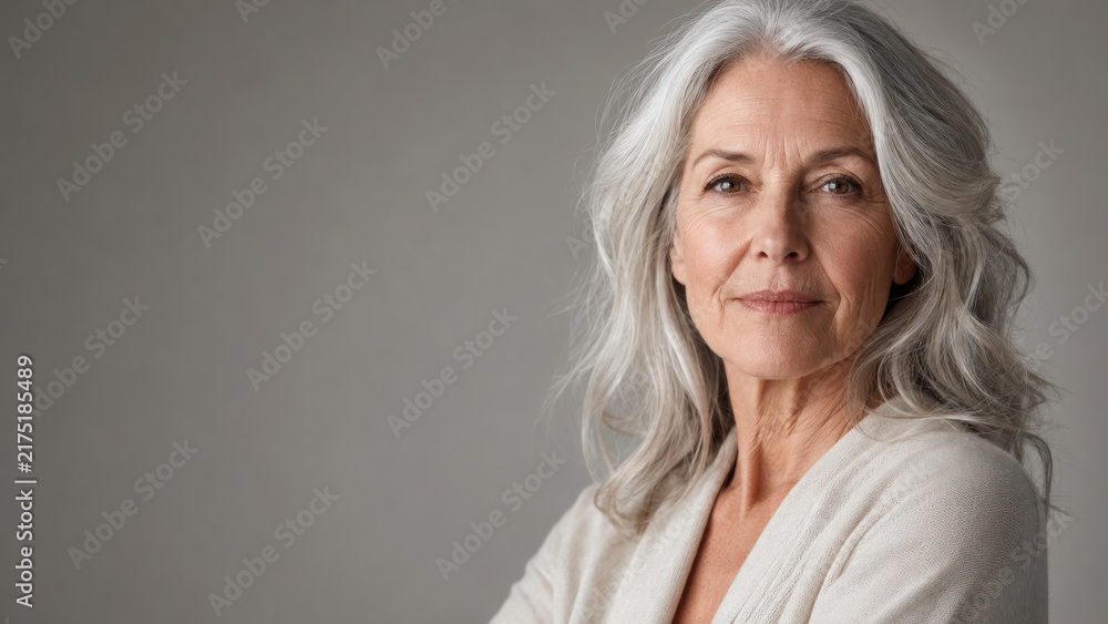 Fototapeta premium Senior female figure with long gray hair and confident expression wearing light sweater against neutral background