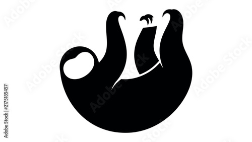 Foto Sloth Silhouette Hanging: A stylized black silhouette of a sloth hangs upside down, its claws gripping an unseen branch, embodying slowness and relaxation