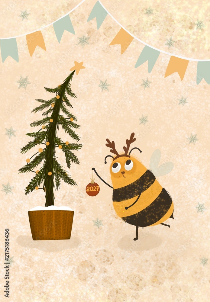 Fototapeta premium A New Year's card featuring a bee decorating a Christmas tree 